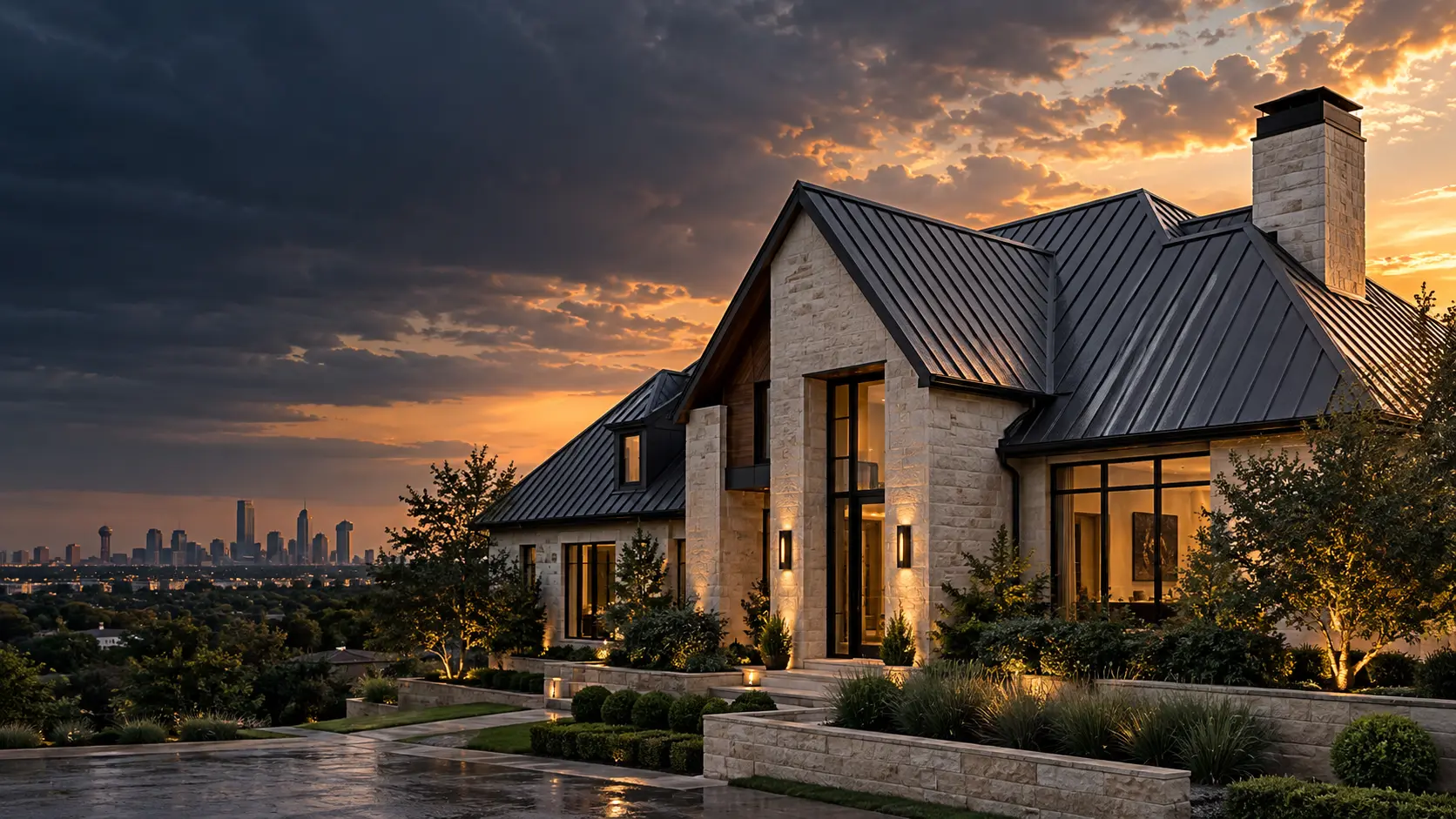 Architectural home with a dark roof, limestone walls, and warm evening lights