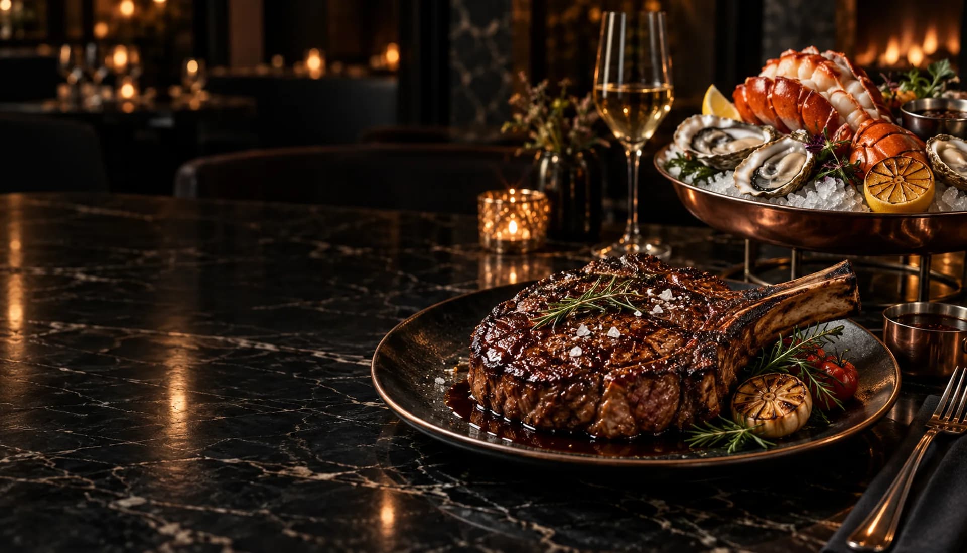 Steak and seafood in an intimate, candlelit dining room