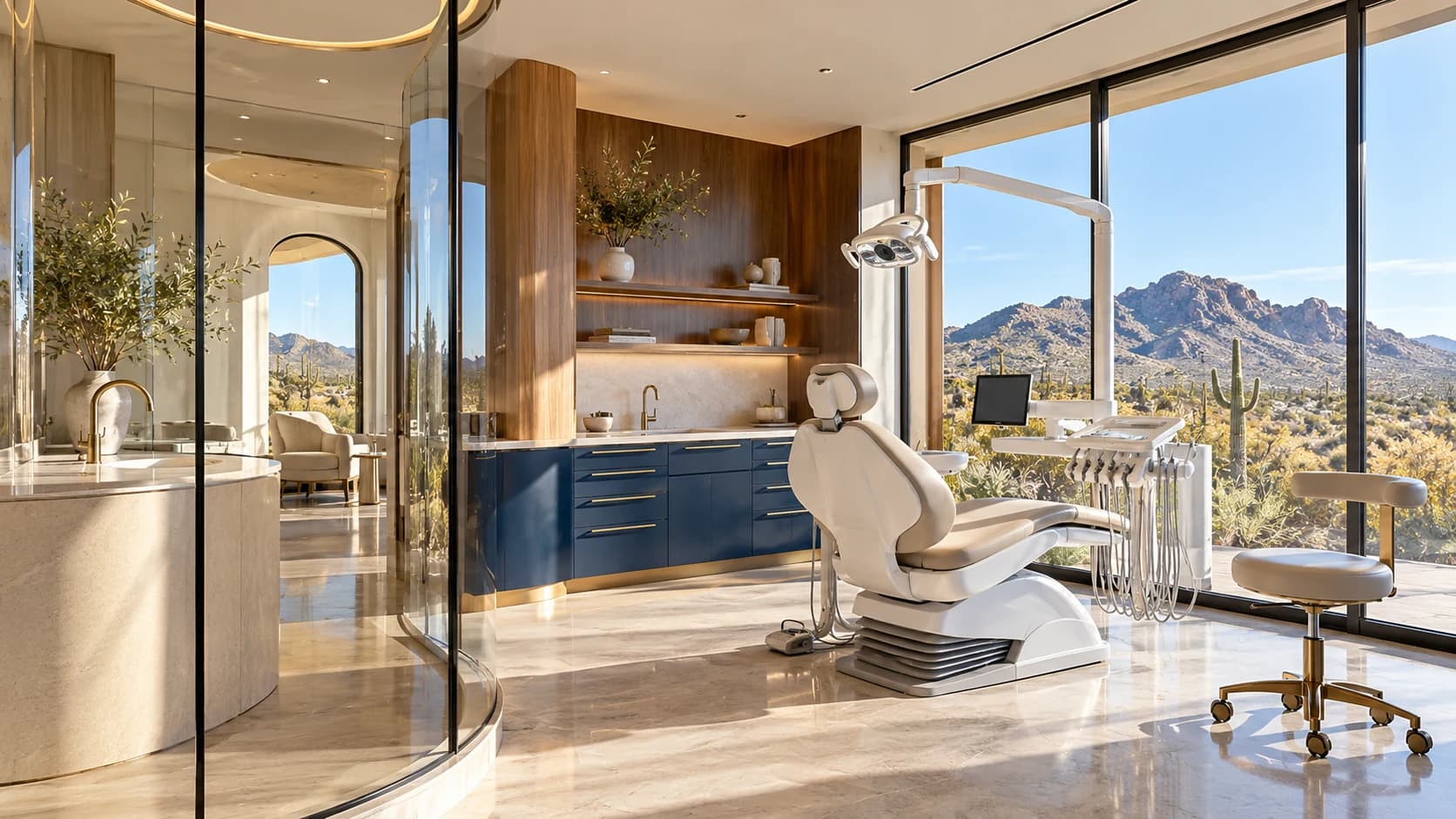 Light-filled dental studio with a sculptural white chair and cobalt cabinetry