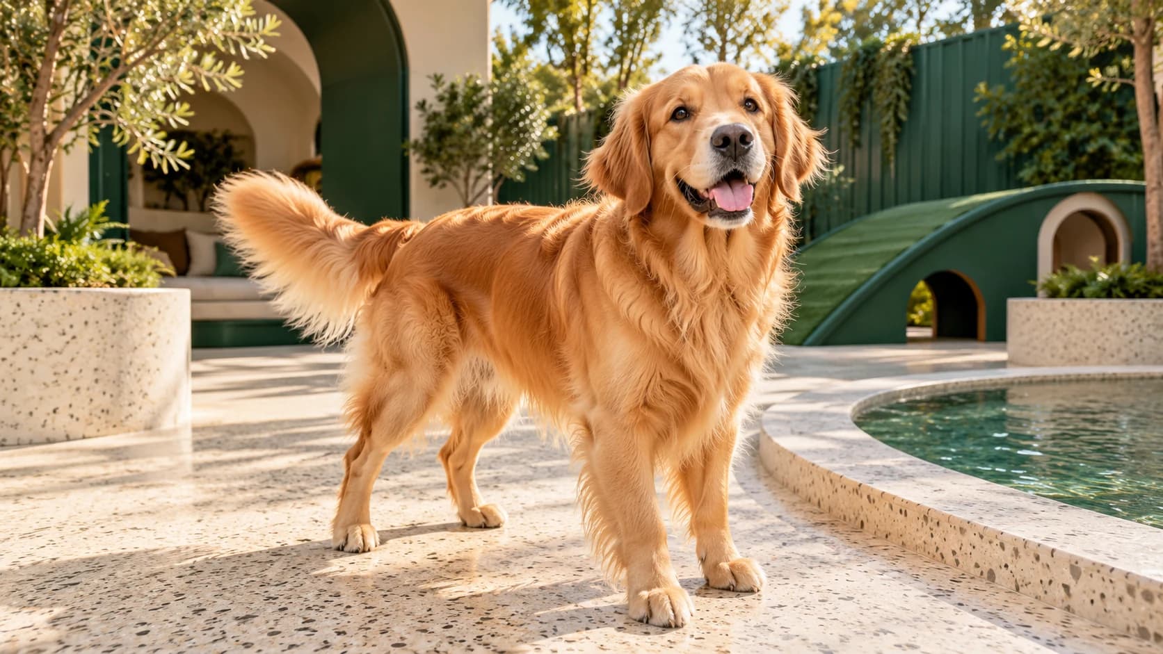 Golden retriever in a sunlit pet retreat courtyard with deep green accents