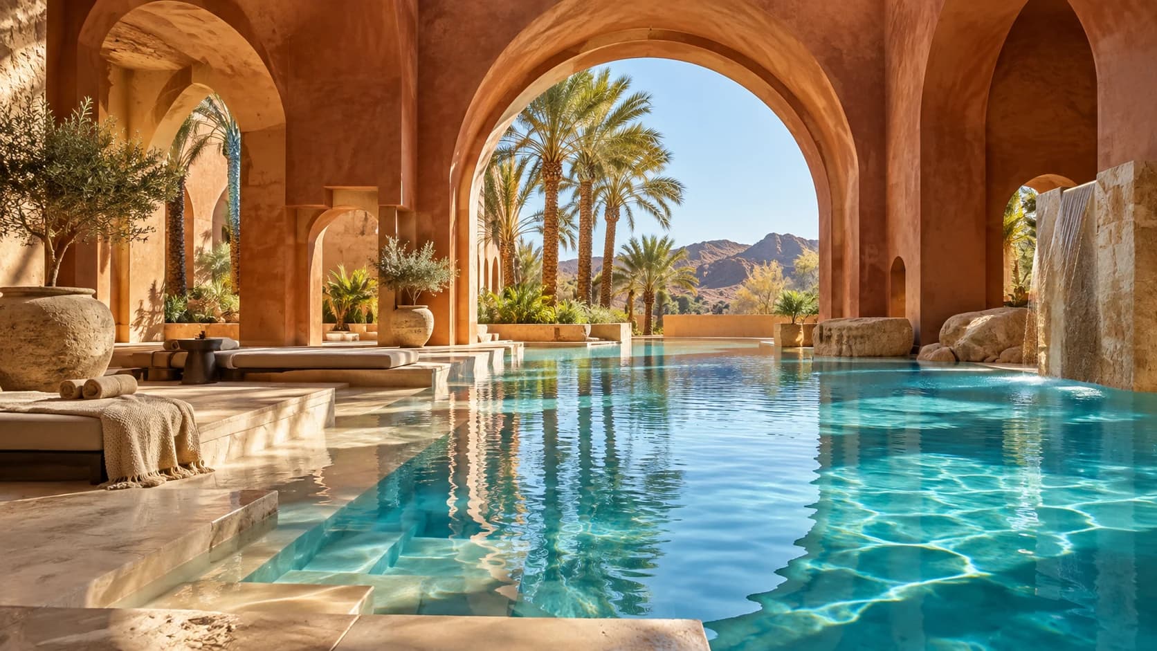 Terracotta arches and palms around a luminous blue desert bathhouse pool