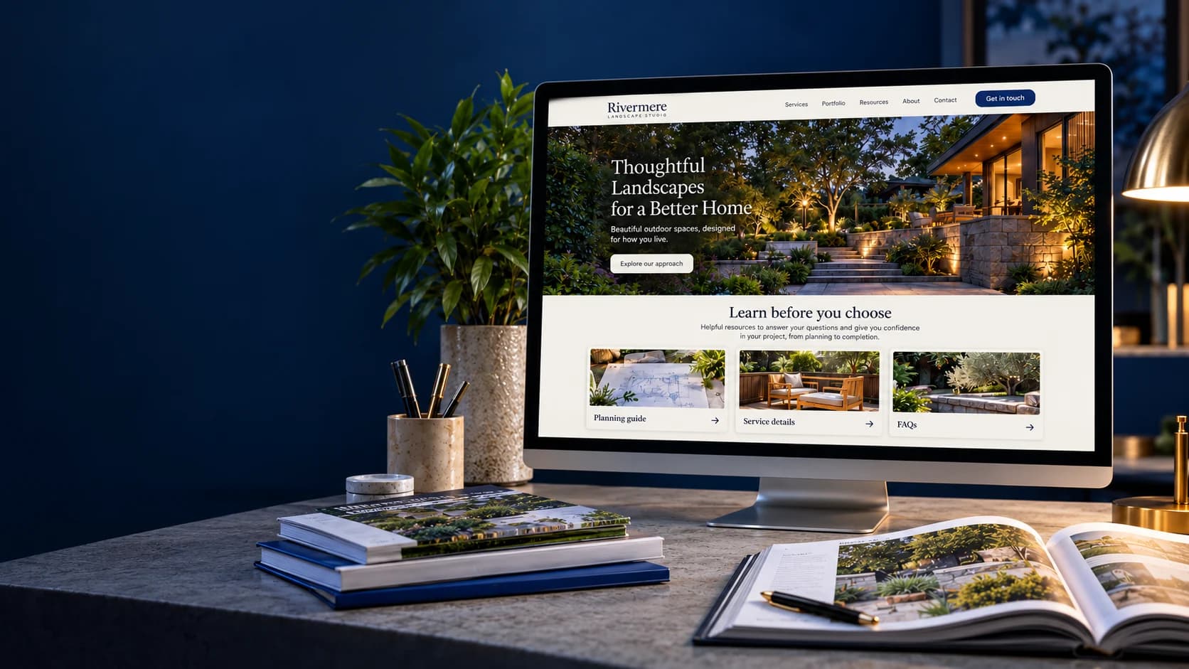 Illustrative landscape studio website on a desktop monitor, with a garden portfolio and planning, service and FAQ resources.
