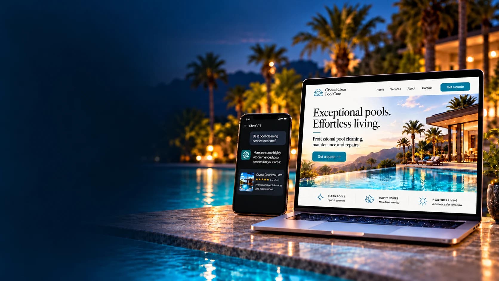 Illustrative premium pool-care website on a laptop beside an AI search conversation on a phone