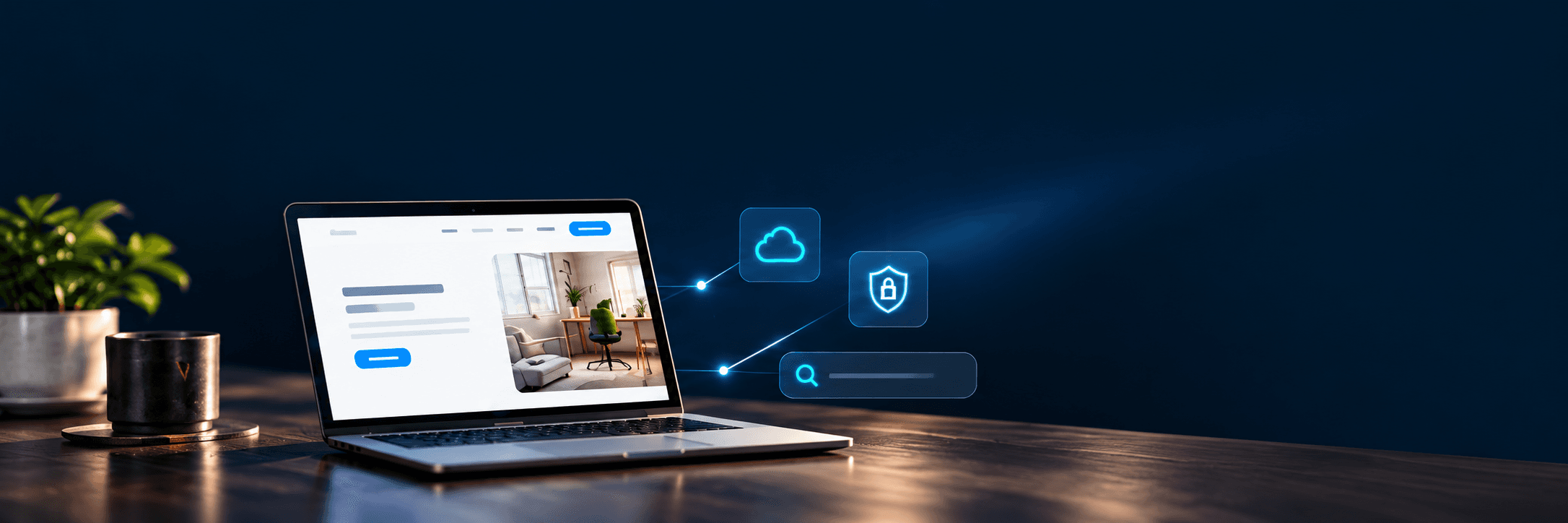 Custom business website on a laptop with cloud hosting, security and search symbols
