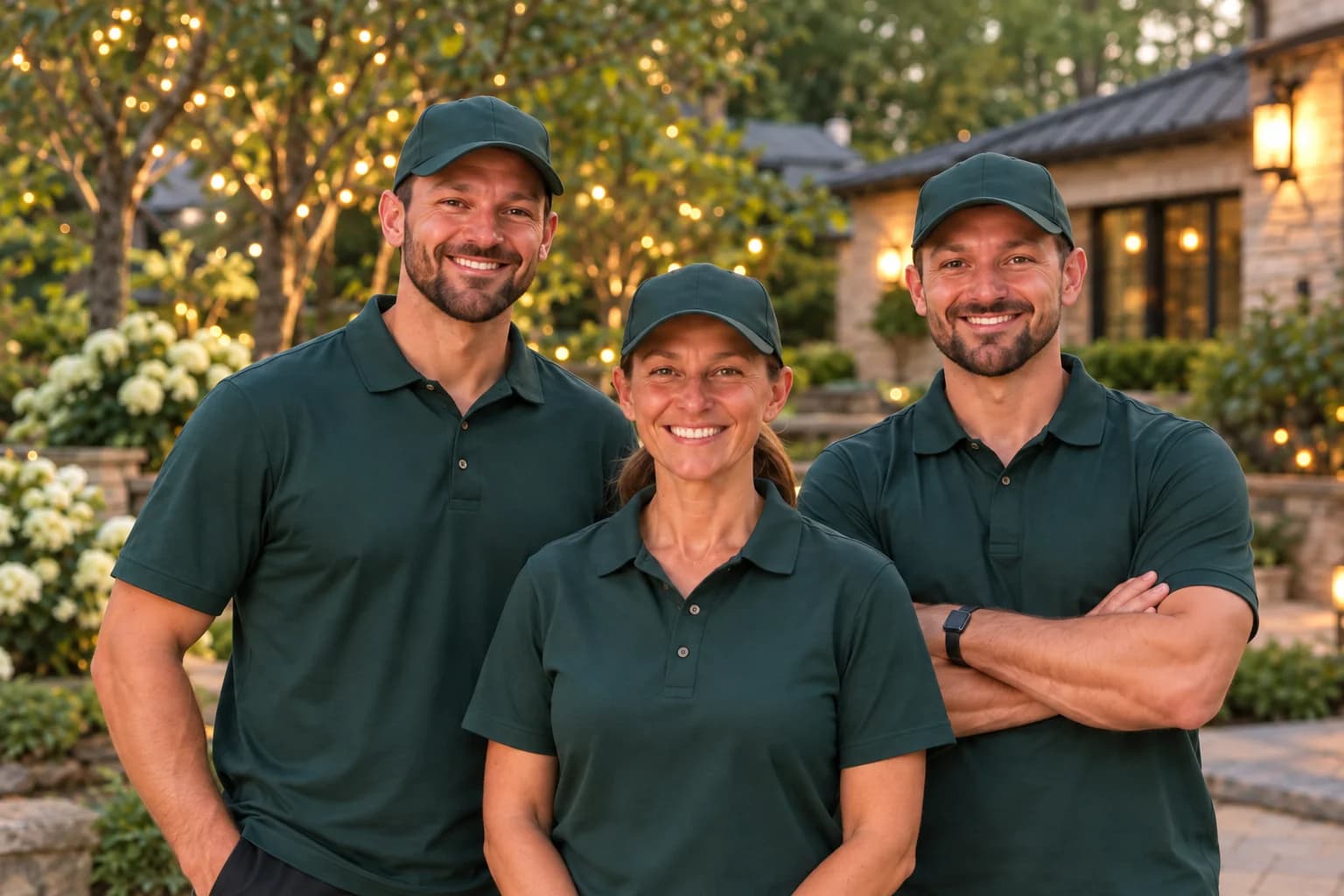 Two bearded men and a woman wearing plain green shirts before branding is added